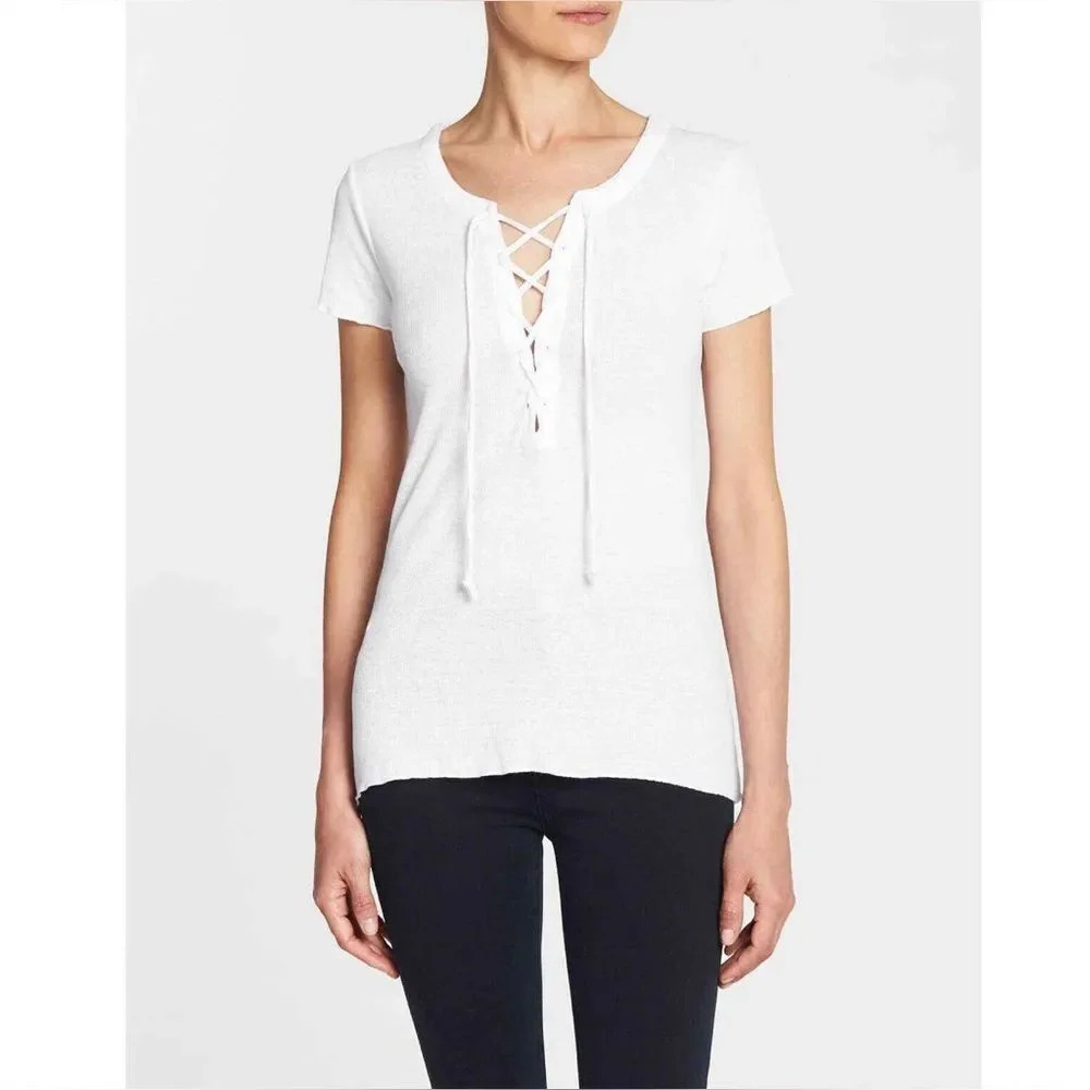 NWT Chaser Short Sleeve Lace Up Hi Lo Rib Tee in Union Black Medium